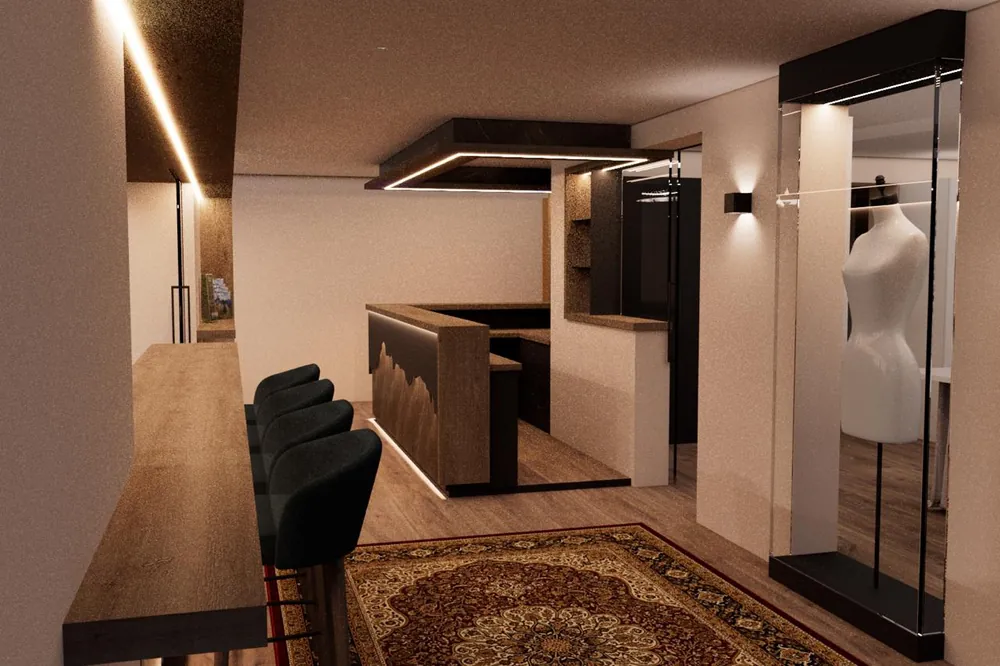 Rendering dell'ingresso con il manichino dell'atelier sartoriale