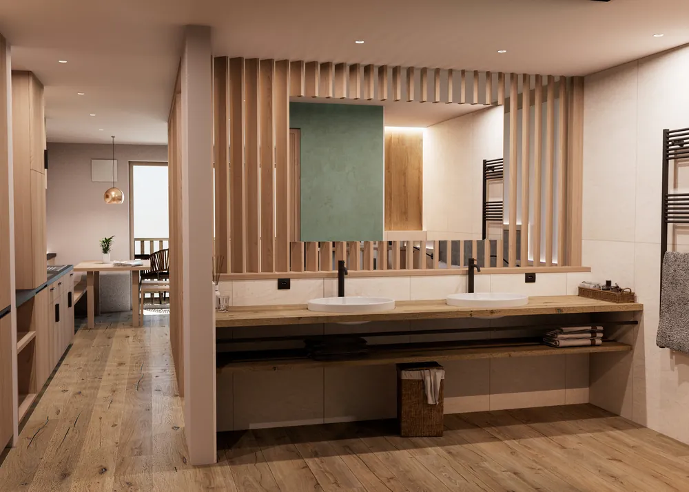Rendering del bagno con doppio lavabo e listelli in legno