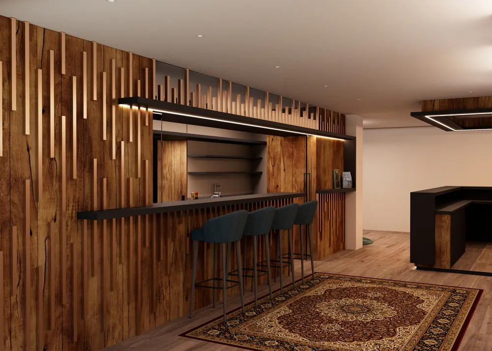 Rendering del bancone bar in legno con sgabelli e tappeto