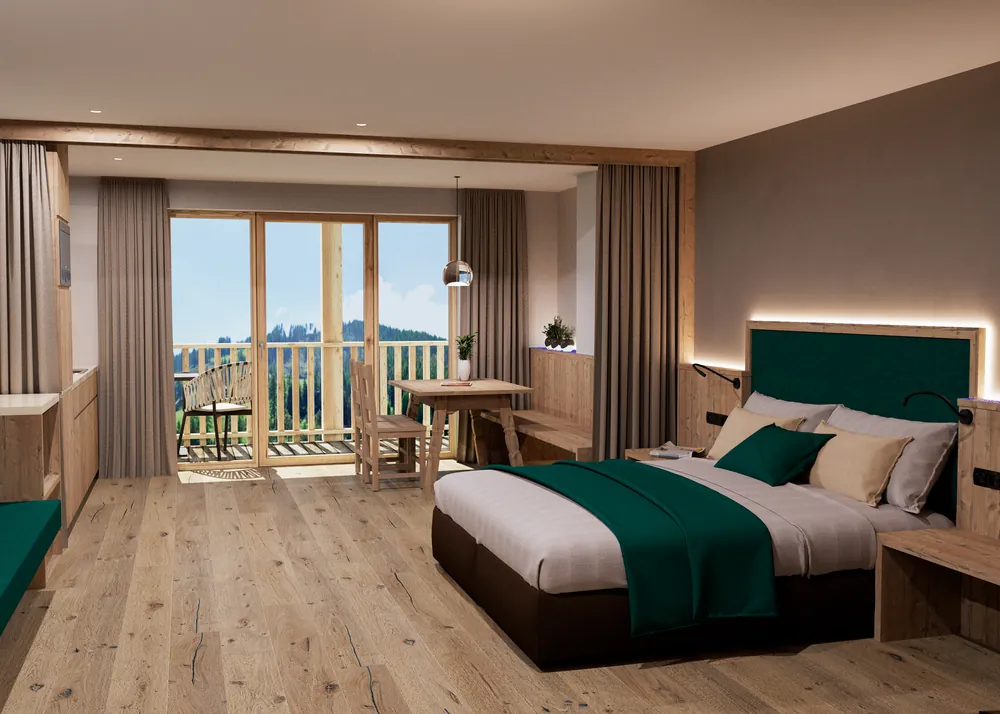 Rendering di un appartamento con letto, tessuti verdi e balcone panoramico