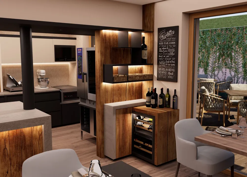 Rendering della cucina professionale con lavagna e vetrina dei vini