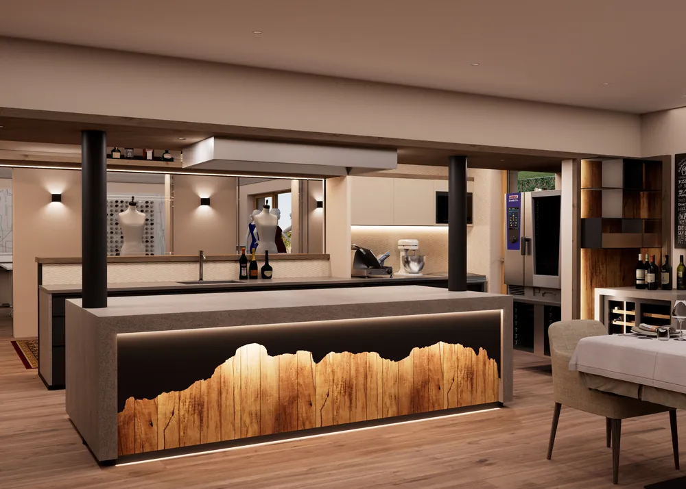 Rendering del blocco cucina con il bancone in legno sagomato come le montagne