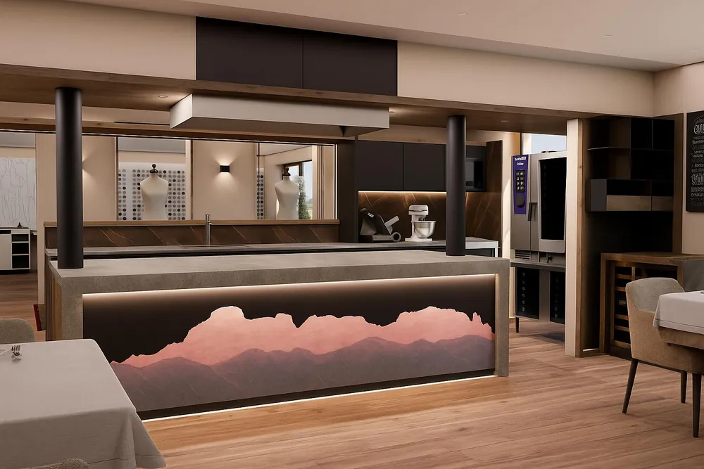 Rendering della cucina a vista con il bancone illuminato dal profilo delle Dolomiti