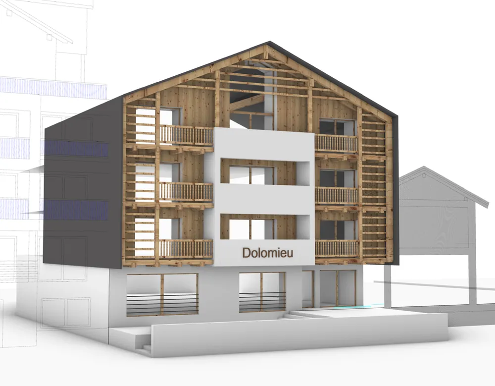 Rendering tridimensionale del nuovo edificio con l'insegna Dolomieu