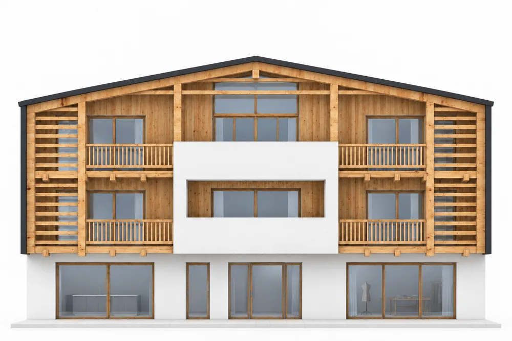 Rendering della nuova facciata del Residence Dolomieu, con legno naturale e balconi
