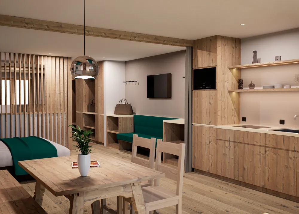 Rendering della zona giorno con tavolo in legno, cucina e divano verde