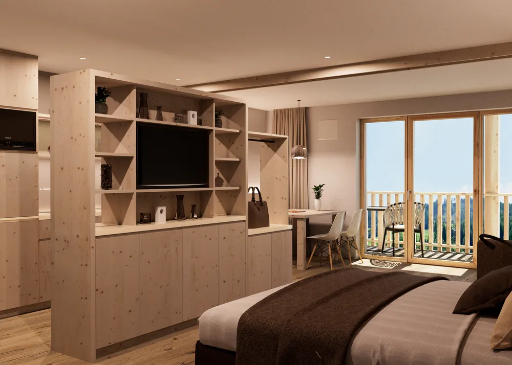Rendering di uno studio con parete attrezzata in legno e balcone