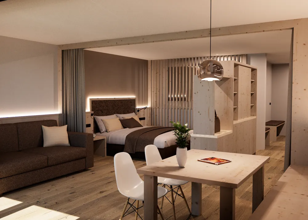 Rendering della zona notte con testiera imbottita e luce calda